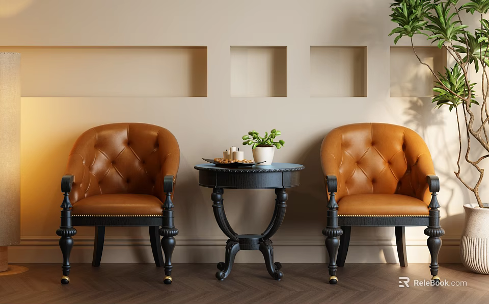 Leisure Sofa Set Featuring Brown Leather Armchairs Black Table Potted Plant and Beige Wall Niches 3d model 