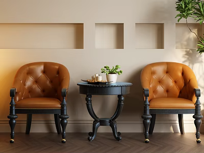 Leisure Sofa Set Featuring Brown Leather Armchairs Black Table Potted Plant and Beige Wall Niches 3d model