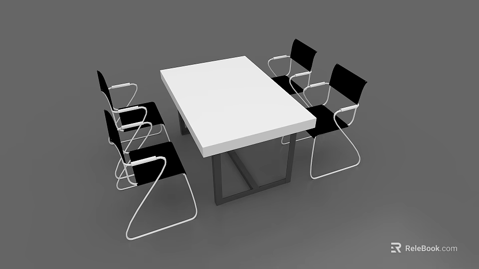 Modern Minimalist Meeting Table and Chairs with White Tabletop Black Seats and White Metal Frames 3d model 