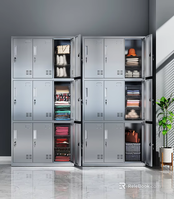 Modern Metal Locker Wardrobe With Open Compartments Storage For Clothes Bags And Shoes 3d model 