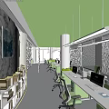 Modern Open Public Office Space With White Desks Green Chairs Bookshelves And Pendant Lights