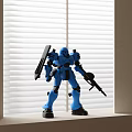 Blue Robot Sculpture Holding Weapons On Windowsill By Window With Blinds 3d model