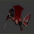 Man wearing red armor holding sword and shield in battle stance with dynamic pose