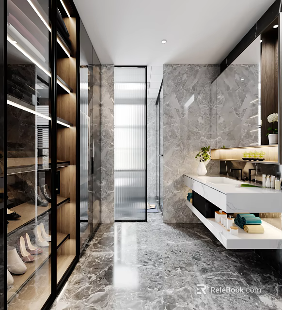 Modern Luxury Marble Bathroom Interior Design With Glass Partition And Functional Floating Vanity 3d model 