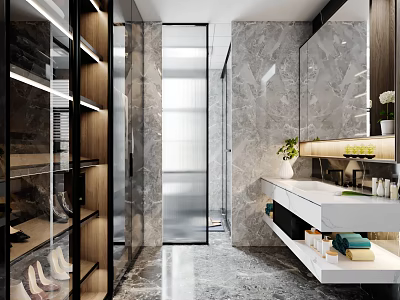Modern Luxury Marble Bathroom Interior Design With Glass Partition And Functional Floating Vanity 3d model
