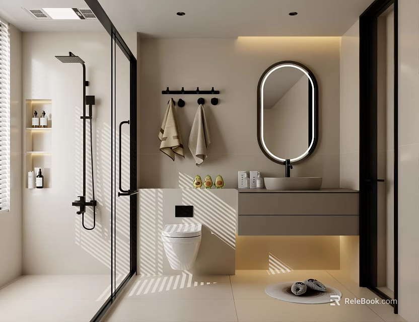 Modern Bathroom Interior With Glass Shower Wall Mounted Toilet Oval Mirror Vanity And Towel Rack 3d model 