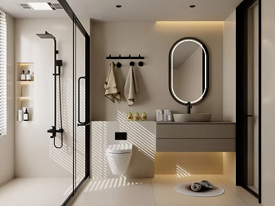 Modern Bathroom Interior With Glass Shower Wall Mounted Toilet Oval Mirror Vanity And Towel Rack 3d model