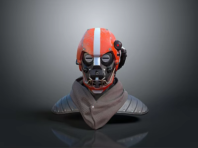 Futuristic Combat Weapon Helmet With Orange White Stripe Black Mask And Shoulder Armor 3d model