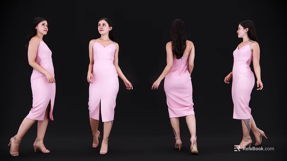 Woman in Pink Dress Posing from Different Angles on Black Background 3d model 