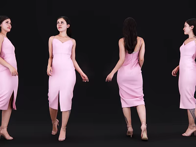 Woman in Pink Dress Posing from Different Angles on Black Background 3d model