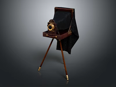 Vintage Electronic Camera On Wooden Tripod Featuring Black Cloth And Brass Parts Design 3d model