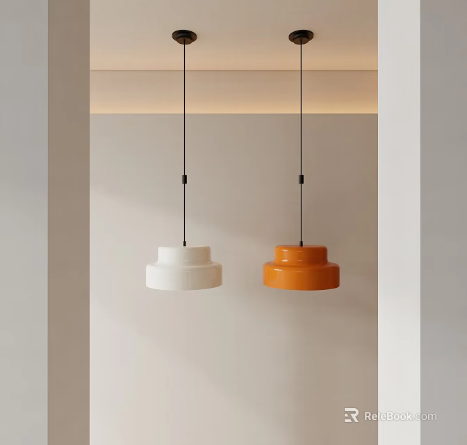 Two Modern Pendant Lights White And Orange Hanging From Ceiling Interior Design 3d model 