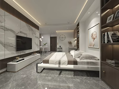 Modern Apartment Interior With Marble Wall TV Bed Bookshelf Decorative Painting And Clock 3d model