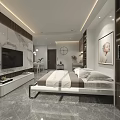 Modern Apartment Interior With Marble Wall TV Bed Bookshelf Decorative Painting And Clock