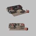 Modern Sofa and Coffee Table Set with Decorative Pillows and Patterned Area Rug 3d model