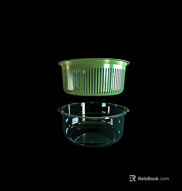 Two Tier Vegetable Washing Colander Set With Green Plastic Strainer And Glass Basin 3d model 