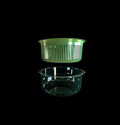 Two Tier Vegetable Washing Colander Set With Green Plastic Strainer And Glass Basin 3d model