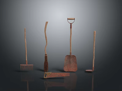Vintage Garden Tools Collection With Rake Broom Shovel Hoe And Metal Heads 3d model