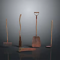 Vintage Garden Tools Collection With Rake Broom Shovel Hoe And Metal Heads