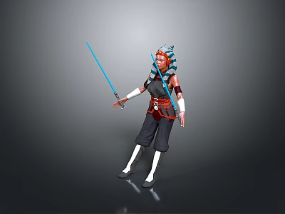 Game Movie Character With Blue And White Hair Holding Blue Lightsaber In Black Red Outfit 3d model