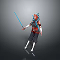 Game Movie Character With Blue And White Hair Holding Blue Lightsaber In Black Red Outfit