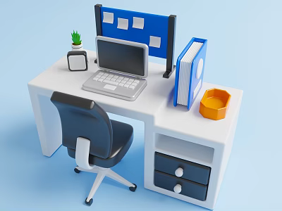 Essential Home Office Supplies Desk With Laptop Blue Folders Green Plant Orange Basket And Chair 3d model