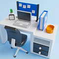 Essential Home Office Supplies Desk With Laptop Blue Folders Green Plant Orange Basket And Chair