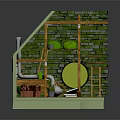 Whimsical Cartoon Room with Green Brick Wall Wooden Shelves Ladder and Mirror