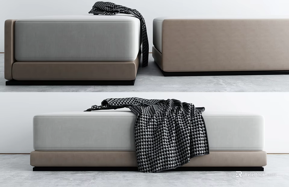 Modern Gray And Beige Ottoman With Black And White Checkered Blanket Decor 3d model 