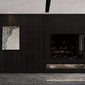 Modern Tea Room Interior With Wooden Shelves And Long Table