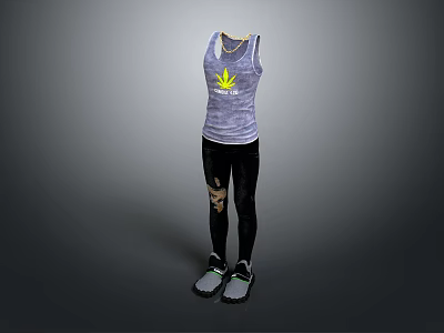 Purple Tank Top With Yellow Leaf Graphic And Black Ripped Leggings Gray Sneakers 3d model