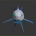 Game Movie Character Blue Transparent Skeletal Fish with Green Eyes and Glowing Lines