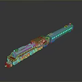 3D Model Steam Train with Silver Red Locomotive and Blue Carriages