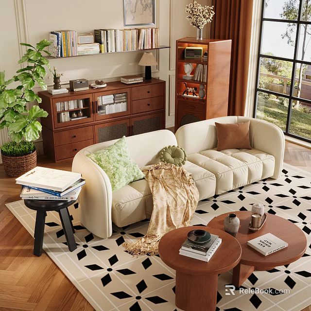 Cozy Beige Sofa And Round Coffee Table Set With Cushions Throw Blanket And Geometric Rug 3d model 
