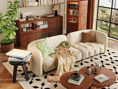 Cozy Beige Sofa And Round Coffee Table Set With Cushions Throw Blanket And Geometric Rug 3d model