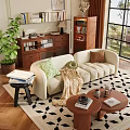 Cozy Beige Sofa And Round Coffee Table Set With Cushions Throw Blanket And Geometric Rug