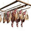 Hanging Various Meats And Sausages Drying On Bamboo Pole For Preservation