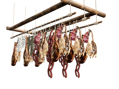 Hanging Various Meats And Sausages Drying On Bamboo Pole For Preservation 3d model