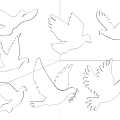 Six White Dove Silhouettes With Olive Branch On Black Background