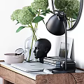 Minimalist Wooden Dressing Table With Round Mirror Hydrangea Vase Black Lamp And Chair