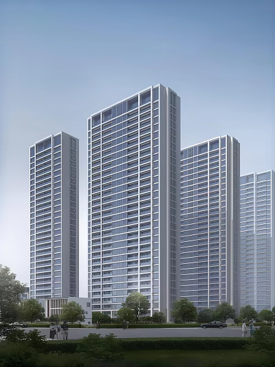 Modern High Rise Residential Buildings With Glass Facades And Urban Skyline 3d model