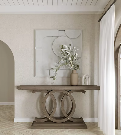 Modern Entryway Console Table With Decorative Wall Art And Potted Greenery 3d model
