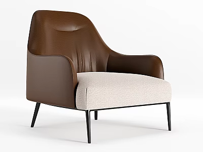 Modern Accent Chair With Brown Leather Back Beige Fabric Cushion And Black Slim Legs 3d model
