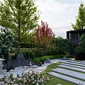 Overhead View Lush Courtyard Garden Landscape With Greenery Water Features Paved Paths And Seating Areas