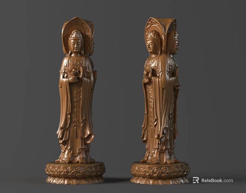 Exquisite Traditional Golden Guanyin Sculptures With Intricate Carving Details And Lotus Bases 3d model 