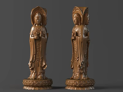 Exquisite Traditional Golden Guanyin Sculptures With Intricate Carving Details And Lotus Bases 3d model