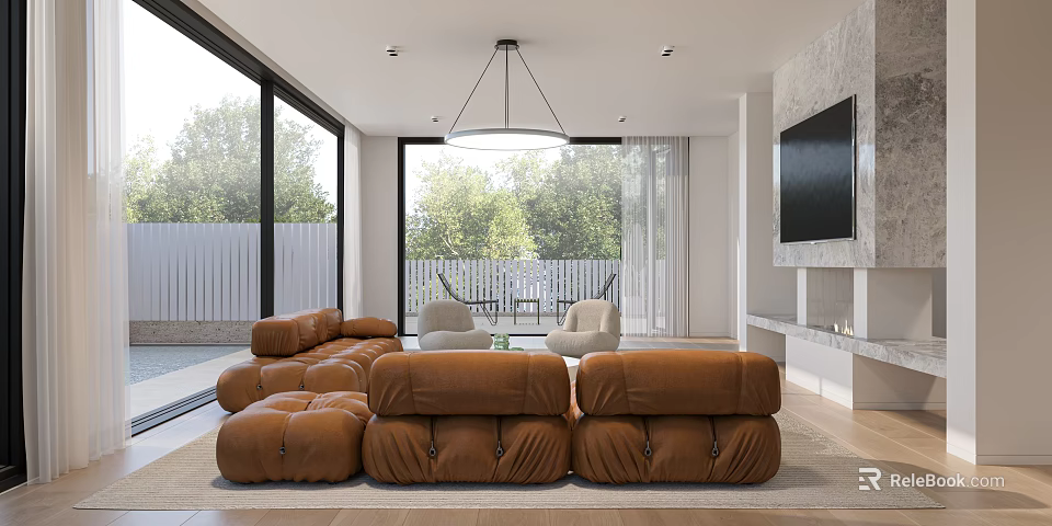 Modern Living Room Interior With Brown Sofa And Floor To Ceiling Windows 3d model 