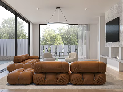 Modern Living Room Interior With Brown Sofa And Floor To Ceiling Windows 3d model