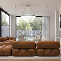 Modern Living Room Interior With Brown Sofa And Floor To Ceiling Windows