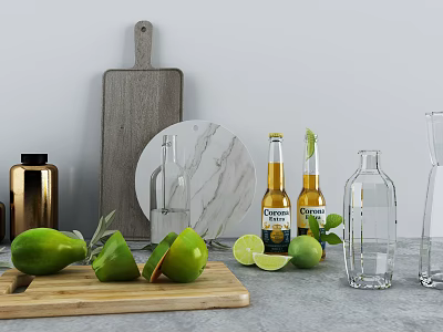 Modern Kitchen Utensils With Wooden Cutting Board Marble Platter Limes And Glass Bottles 3d model